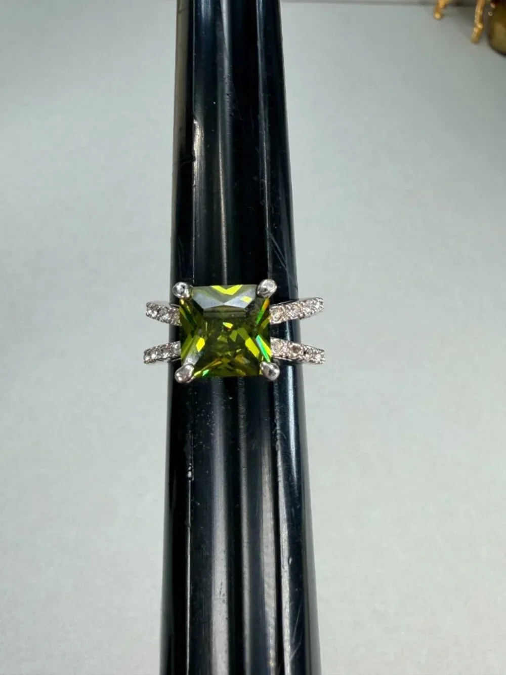 Huge Olive Green Princess Cut Statement Ring Pave CZ Silver Tone Size 7.5